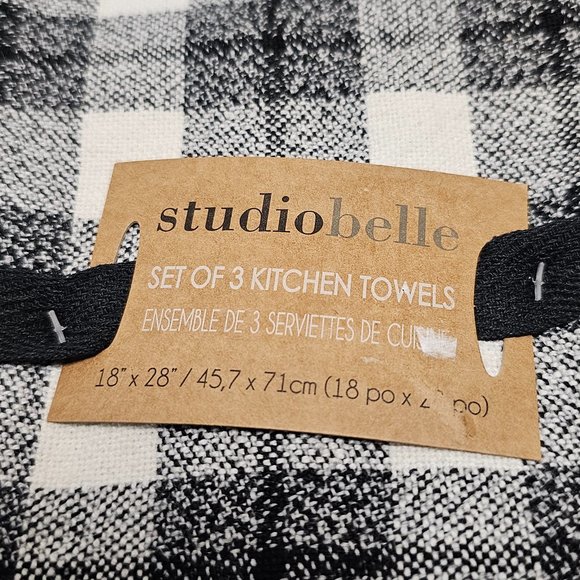3 New Kitchen Towels Black White Gray Plaid Check Stripe Studio Belle 18 X 28 - Picture 2 of 12